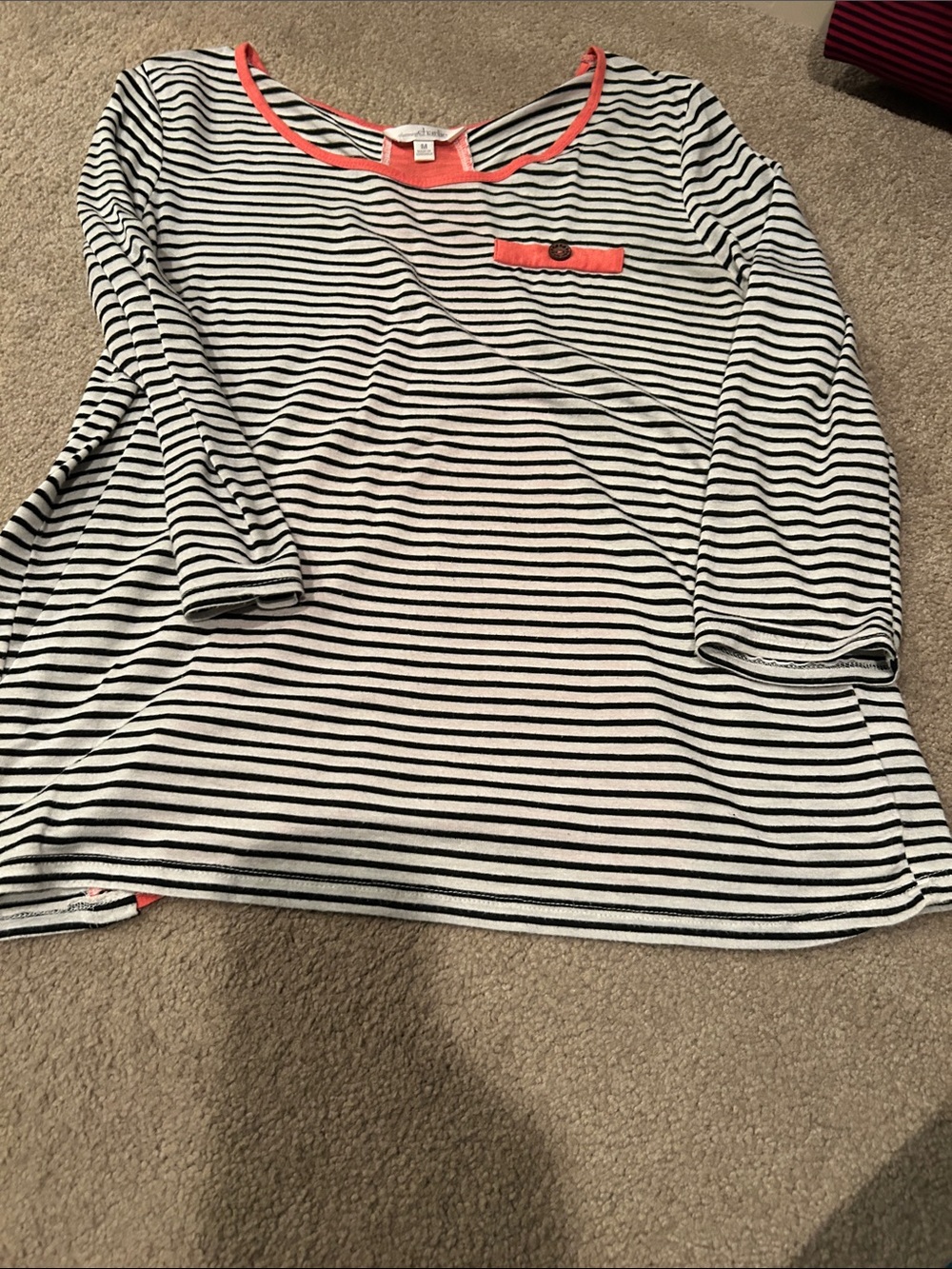 Women’s Black & White Striped Top with Coral Trim